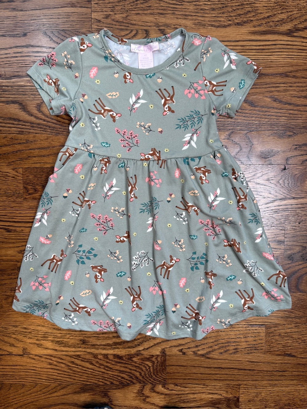 Emma &Elsa Girls Sage Green Deer and Woodland Fall Floral Print Knit Dress 4T
